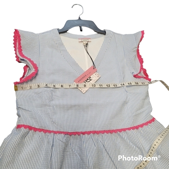 Andree By Unit Blue And White Pinstriped Pink Trim Ruffle Sleeve Baby Doll Dress - Picture 5 of 8